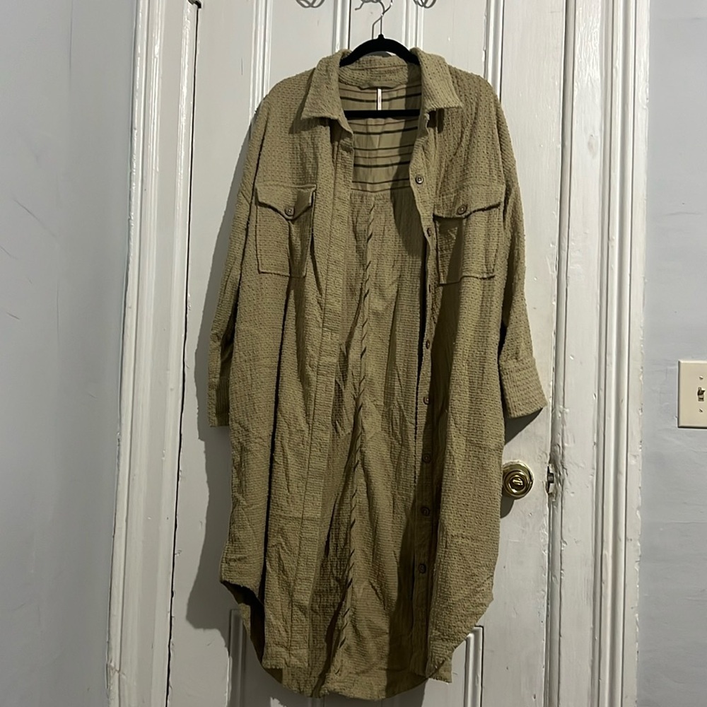 Free People Olive Green Oversized Button-Down Shirt Dress